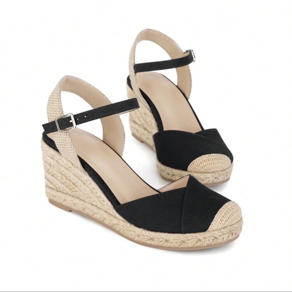Chic Black and Cream Espadrille Wedges with Ankle Strap